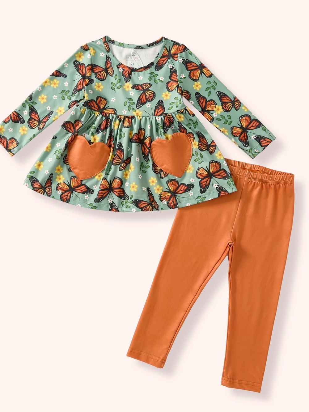 Girls Butterfly Heart Pocket Matching Set - Mint & Orange